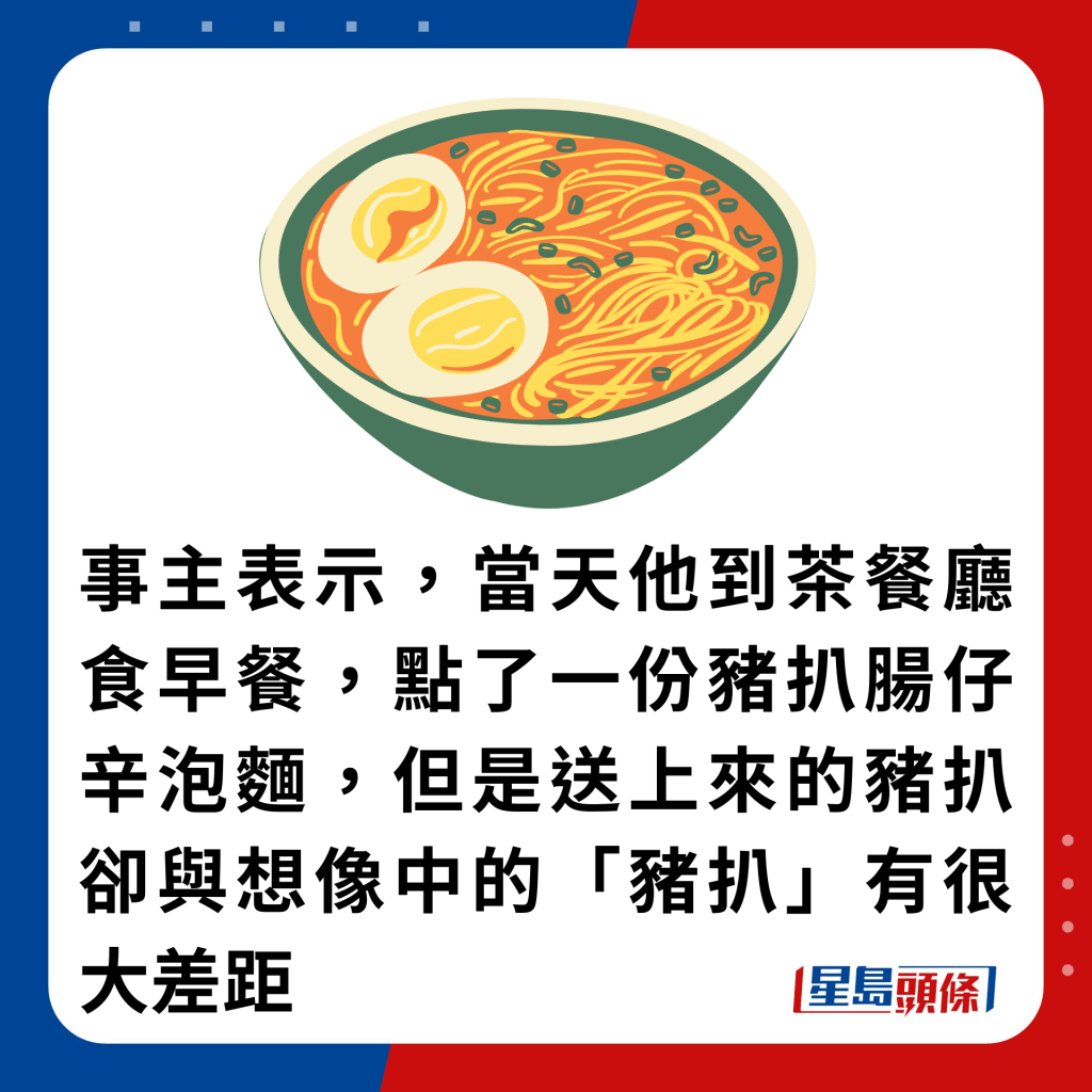 事主表示，當天他到茶餐廳食早餐，點了一份豬扒腸仔辛泡麵，但是送上來的豬扒卻與想像中的「豬扒」有很大差距