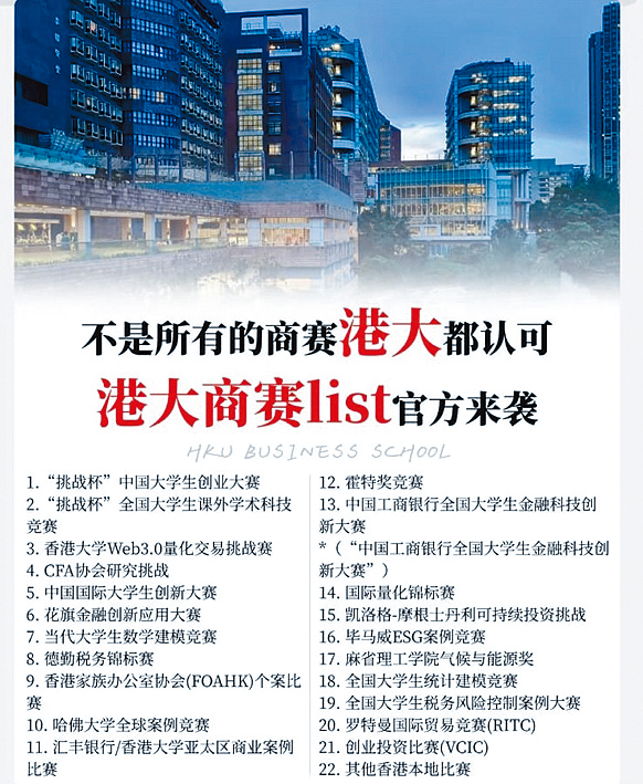 社交平台流傳港大經管學院發出認證賽事名單。
