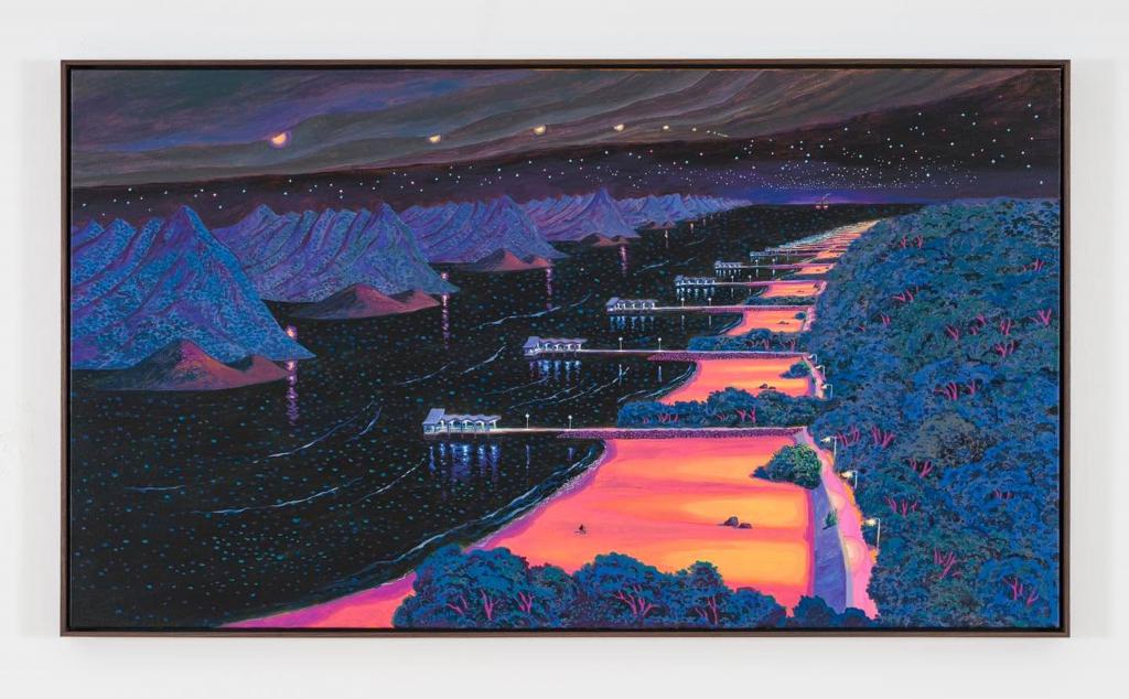 Stephen畫於2023年的作品《千億個夜晚》,展示燈影、水色、星光之美。 Stephen畫於2023年的作品《千億個夜晚》,展示燈影、水色、星光之美。