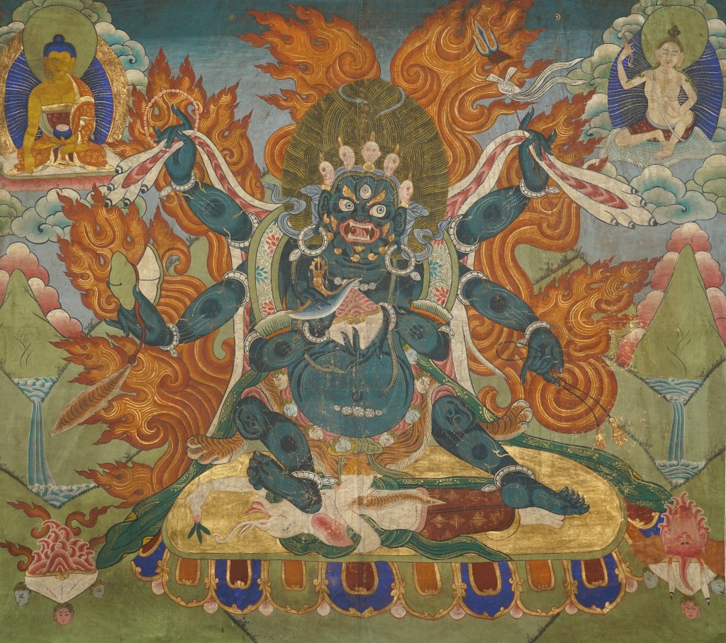 《六臂瑪哈嘎拉》,來自青海安多,於20世紀中葉成畫。瑪哈嘎拉又稱大黑天,是格魯派的主要護法。 《六臂瑪哈嘎拉》,來自青海安多,於20世紀中葉成畫。瑪哈嘎拉又稱大黑天,是格魯派的主要護法。
