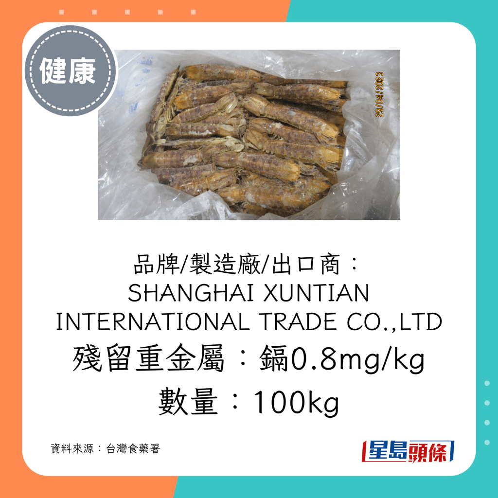品牌/制造厂/出口商： SHANGHAI XUNTIAN INTERNATIONAL TRADE CO.,LTD；残留重金属：镉0.8mg/kg