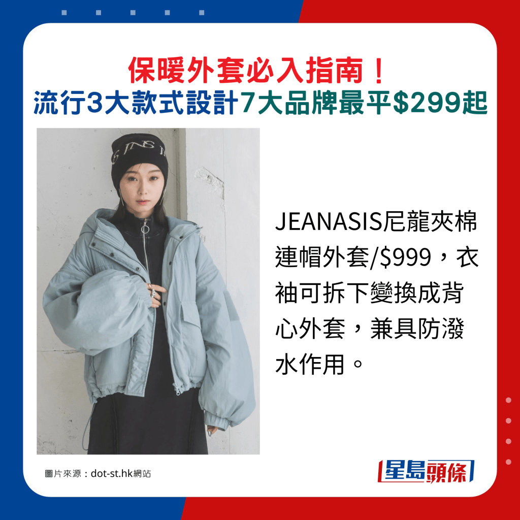 JEANASIS尼龙夹棉连帽外套/$999，衣袖可拆下变换成背心外套，兼具防泼水作用。