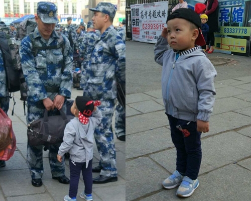 浩浩学习父亲的事，包括敬礼，立正等。网上图片