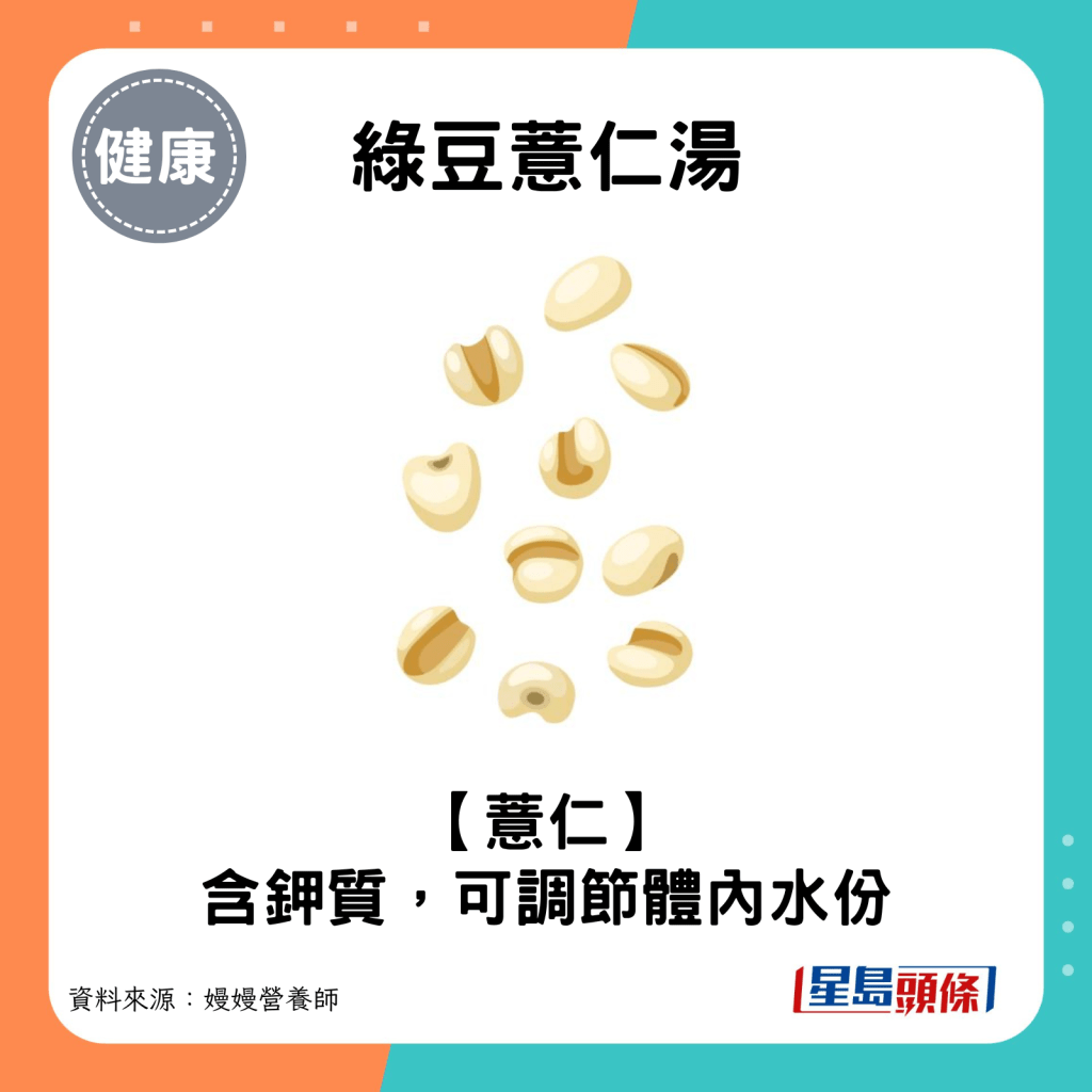 綠豆薏仁湯：薏仁含鉀質，可調節體內水份。