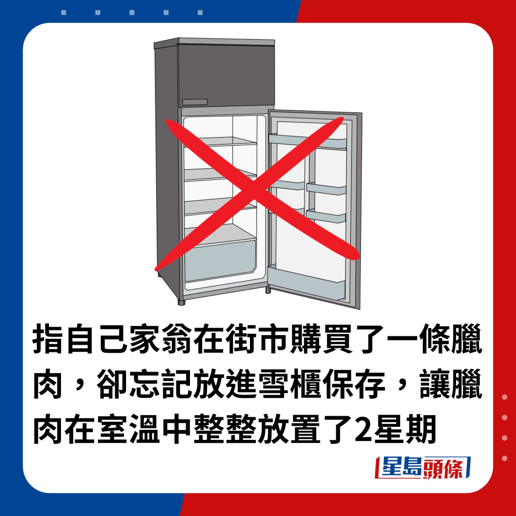 指自己家翁在街市购买了一条腊肉，却忘记放进雪柜保存，让腊肉在室温中整整放置了2星期