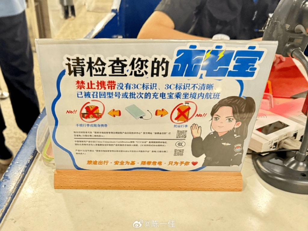 新規執行第一天,內地各機場增設了「充電寶新規」告知牌。 新規執行第一天,內地各機場增設了「充電寶新規」告知牌。