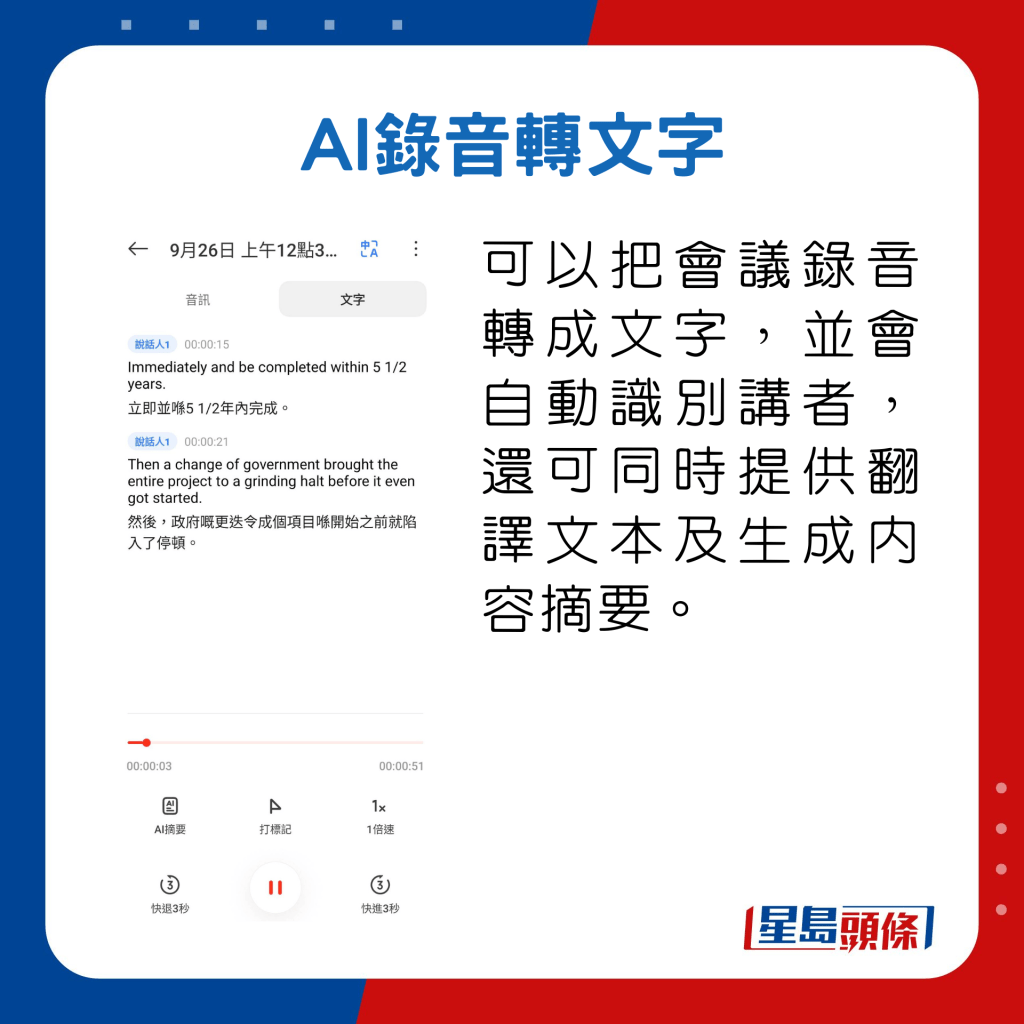 可以把會議錄音轉成文字，並會自動識別講者，還可同時提供翻譯文本及生成內容摘要。