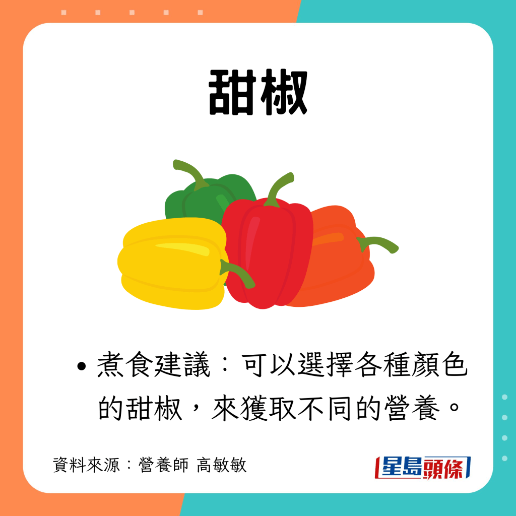 耐放蔬菜5｜甜椒：煮食建議：可以選擇各種顏色的甜椒，來獲取不同的營養。