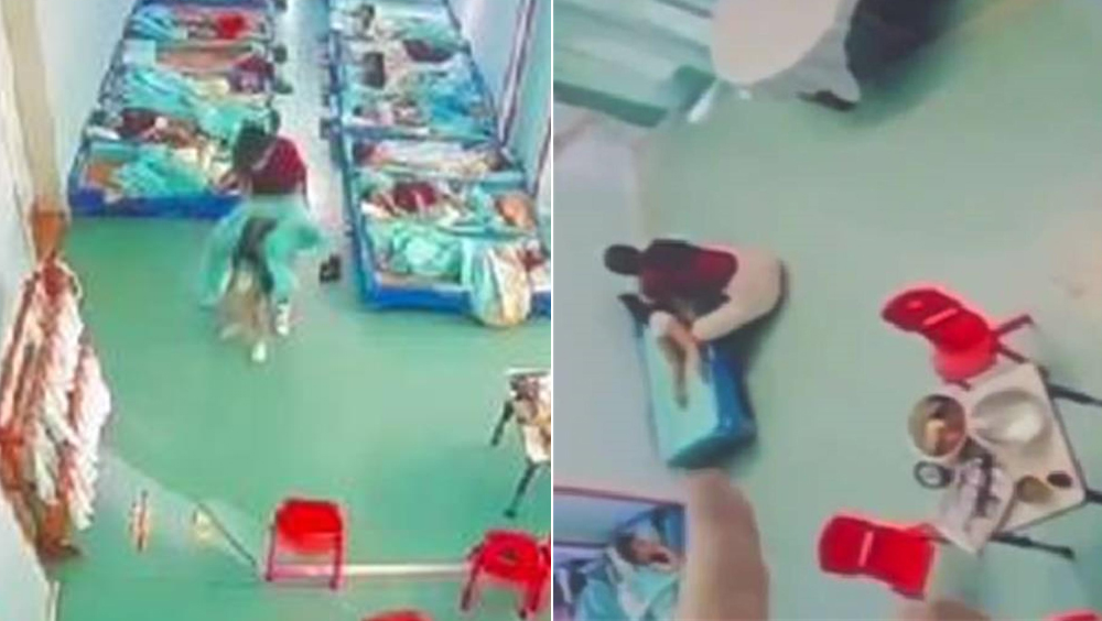 閉路電視顯示湖南一名幼稚園老師有虐待男童的行為。