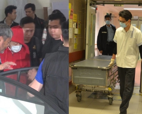 醫院員工將女死者遺體推往醫院殮房。警方經調查後,已拘捕美容中心負責人(左圖紅衫者)。林思明、梁國峰攝