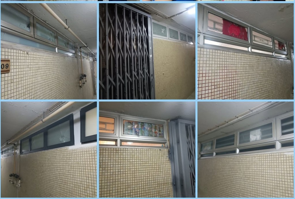 石屏樓多戶玻璃窗被砸爛。fb：余仲良  