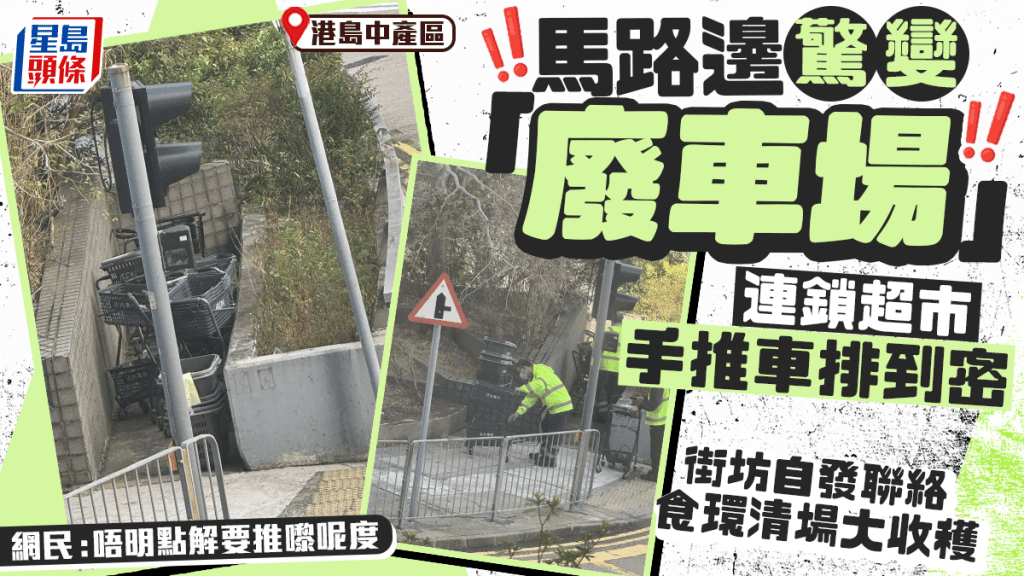  太古馬路邊驚變「超市手推車棄置場」!  街坊致電1823獲食環出手清場  網民: 唔明點解要推嚟呢度