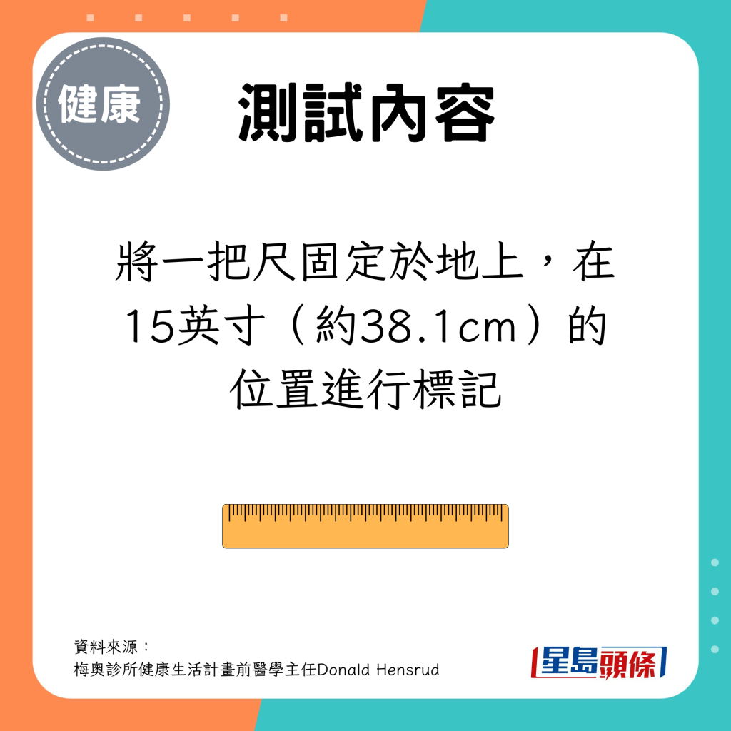 将一把尺固定于地上，在15英寸（约38.1cm）的位置进行标记