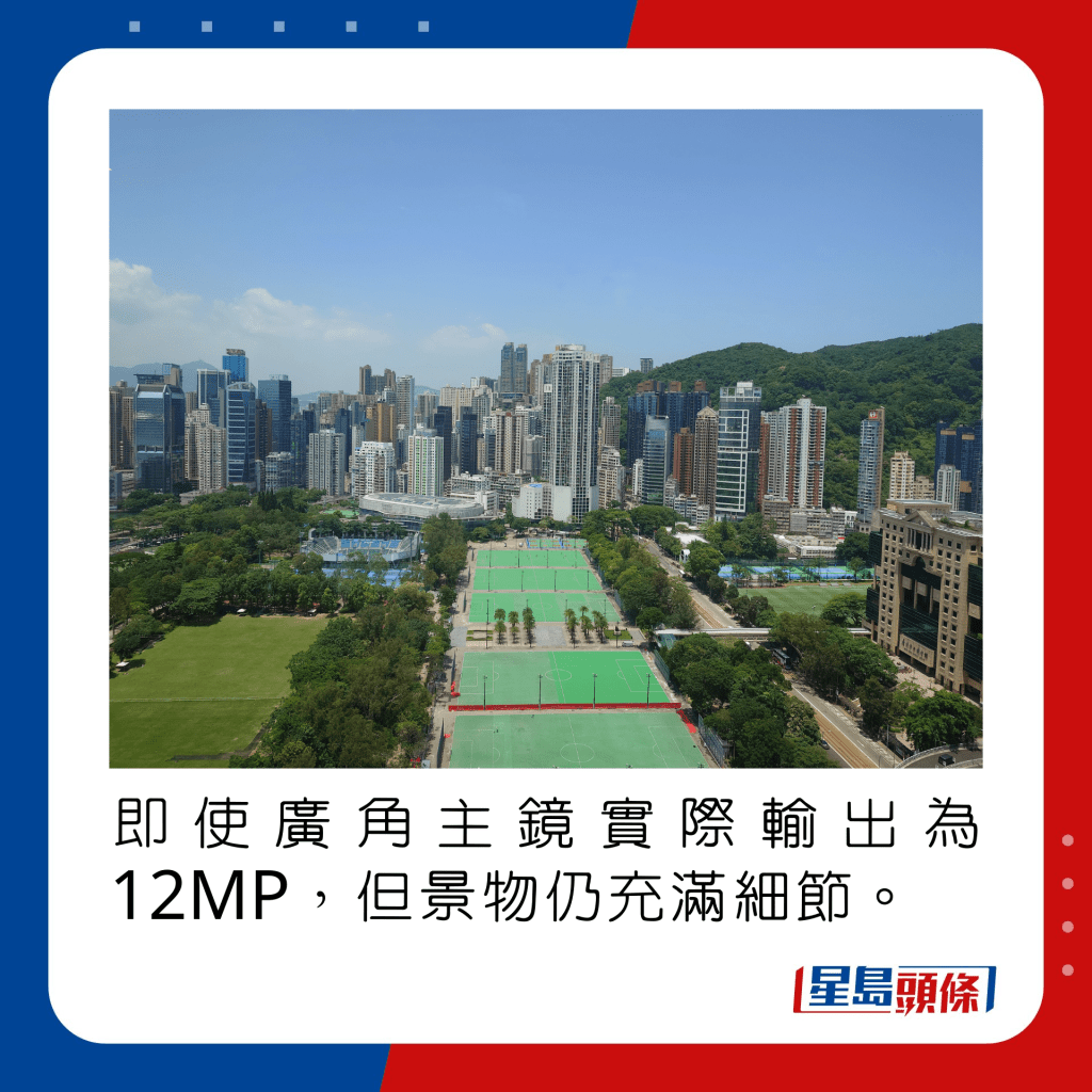 即使廣角主鏡實際輸出為12MP，但景物仍充滿細節。