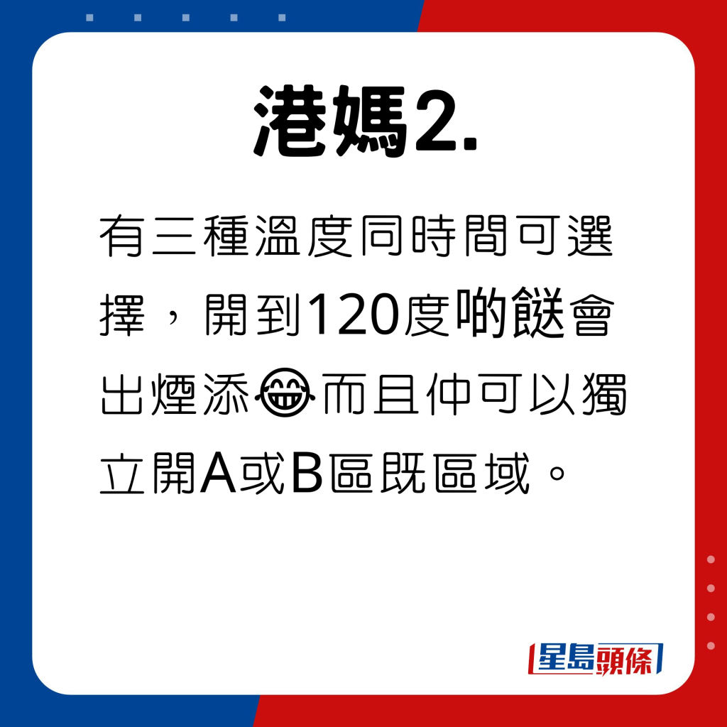 有三种温度同时间可选择，开到120度啲餸会出烟添😂而且仲可以独立开A或B区既区域。