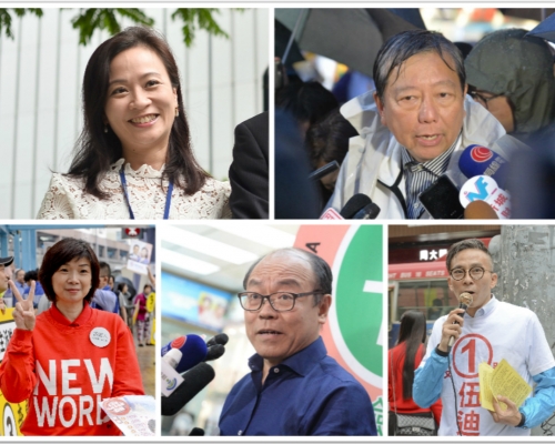 今次補選共有5名候選人,包括陳凱欣(左上)、李卓人(右上)、伍迪希(右下)、馮檢基、曾麗文(左下)