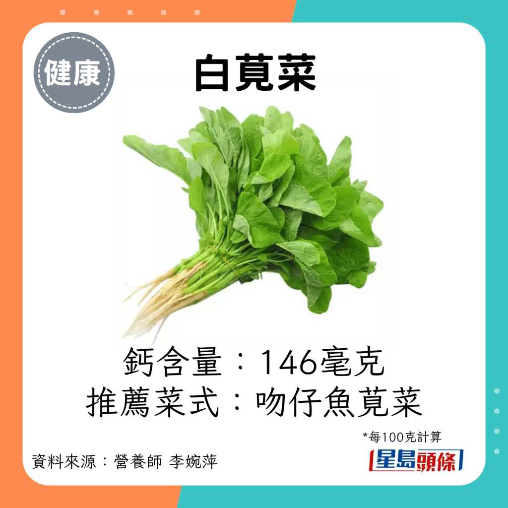 白苋菜钙含量：146毫克 推荐菜式：吻仔鱼苋菜