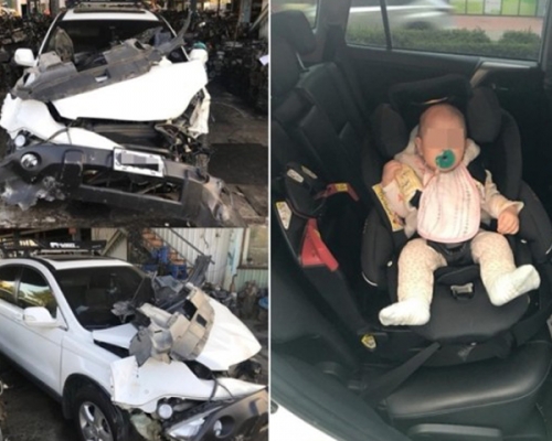 父母車禍同受傷,7個月女嬰靠安全座椅保命絲毫無損。 網上圖片