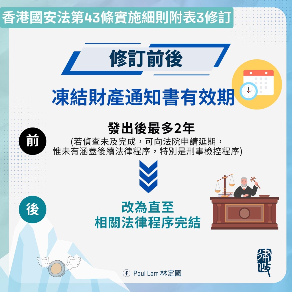 政府决定修订《香港国安法实施细则》，将冻结财产通知书有效期由最多2年。林定国FB图片