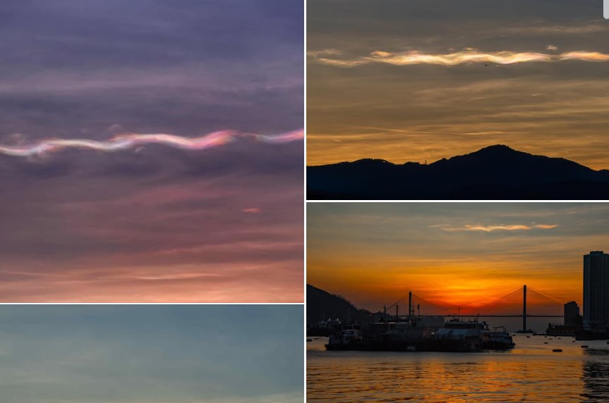 fb「香港天文台 HKO」截圖（攝：Joe Yau、Joseph Leung、Lky Chan、Jayden Leung、Alex Sing、Doris Cheng、Sandra Yu / 2025年11月9日 / 錦田、青馬大橋、馬鞍山、荃灣、東涌、屯門、大澳 / #CWOS）#度天賞雲 #社區天氣觀測計劃 #光學現象 #Fluctus #IridescentCloud」。