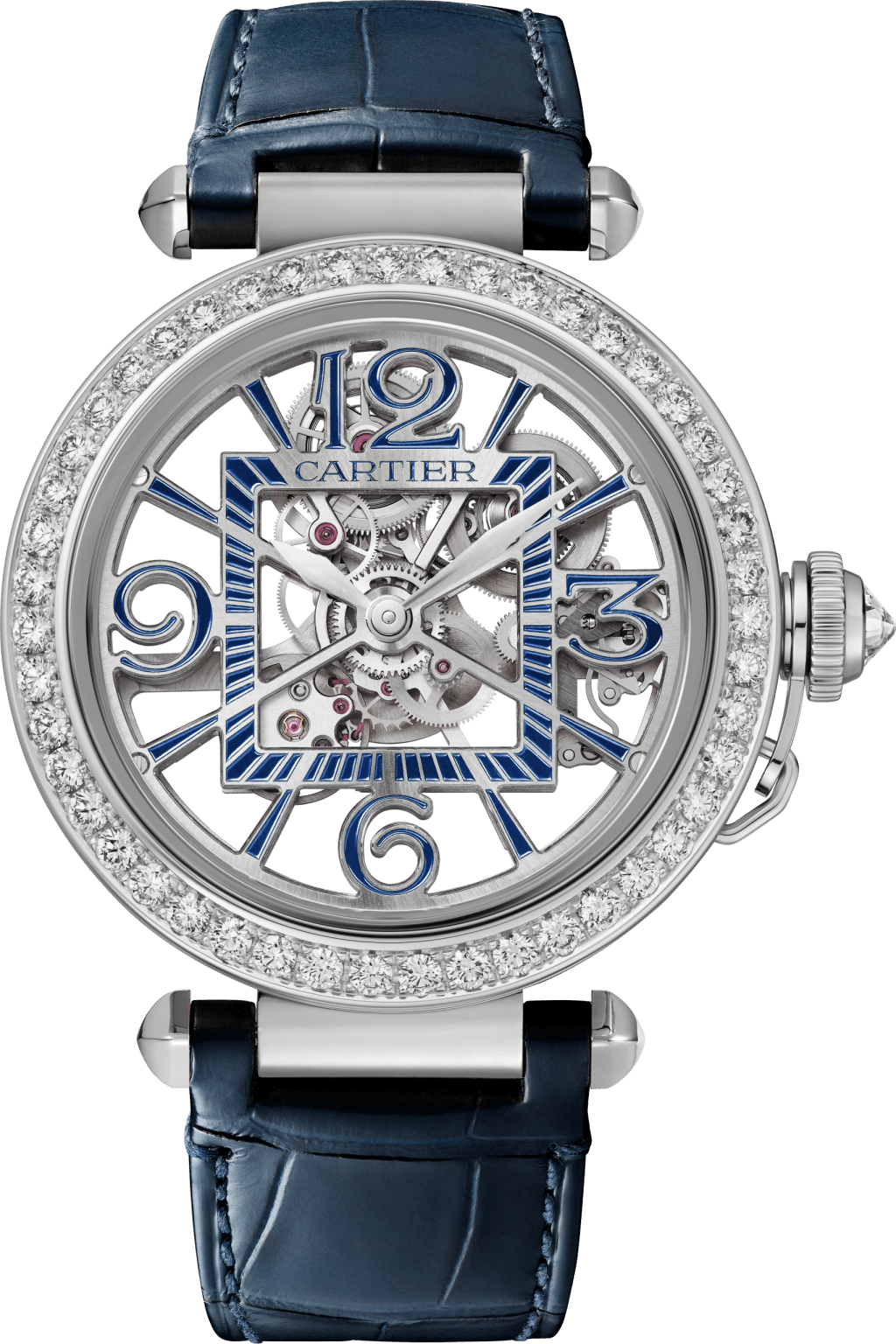 Pasha de Cartie 41毫米18K白色黃金腕表，搭載9624 MC型自動上鏈機械機芯，表冠鑲嵌一顆圓形明亮式切割鑽石，藍色真漆阿拉伯數字形鏤空表橋，表圈及表扣鑲嵌圓形明亮式切割鑽石，配有藍色及黑色鱷魚皮表帶。限量十五枚，附獨立編號。（$725,000）