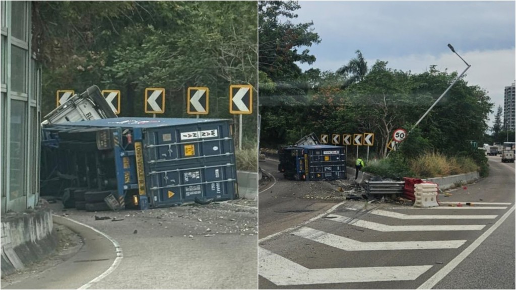 元朗公路货柜车翻侧 撞毁交通牌灯柱 司机一度被困