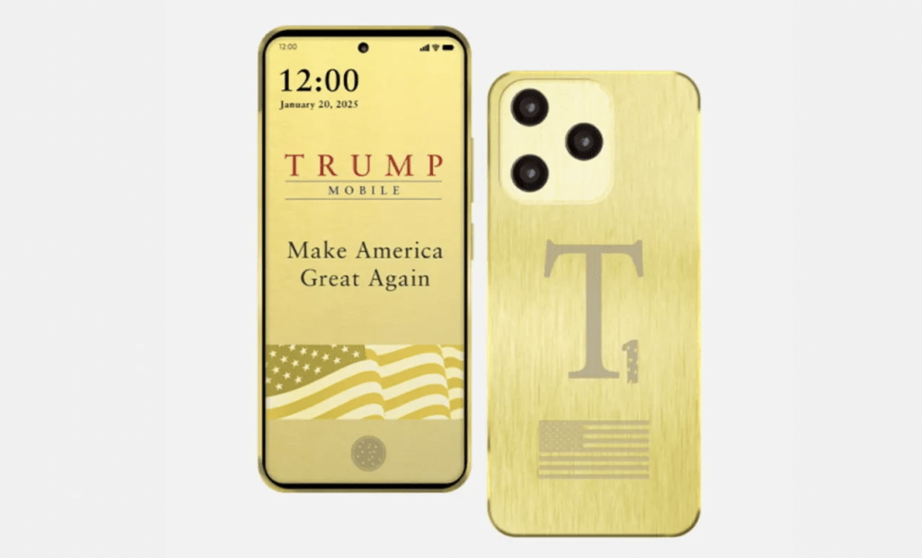 這款名為「T1手機」(T1 phone)的金色手機售價為499美元(約3892港元),預計8月上市。Trump Mobile網站 這款名為「T1手機」(T1 phone)的金色手機售價為499美元(約3892港元),預計8月上市。Trump Mobile網站