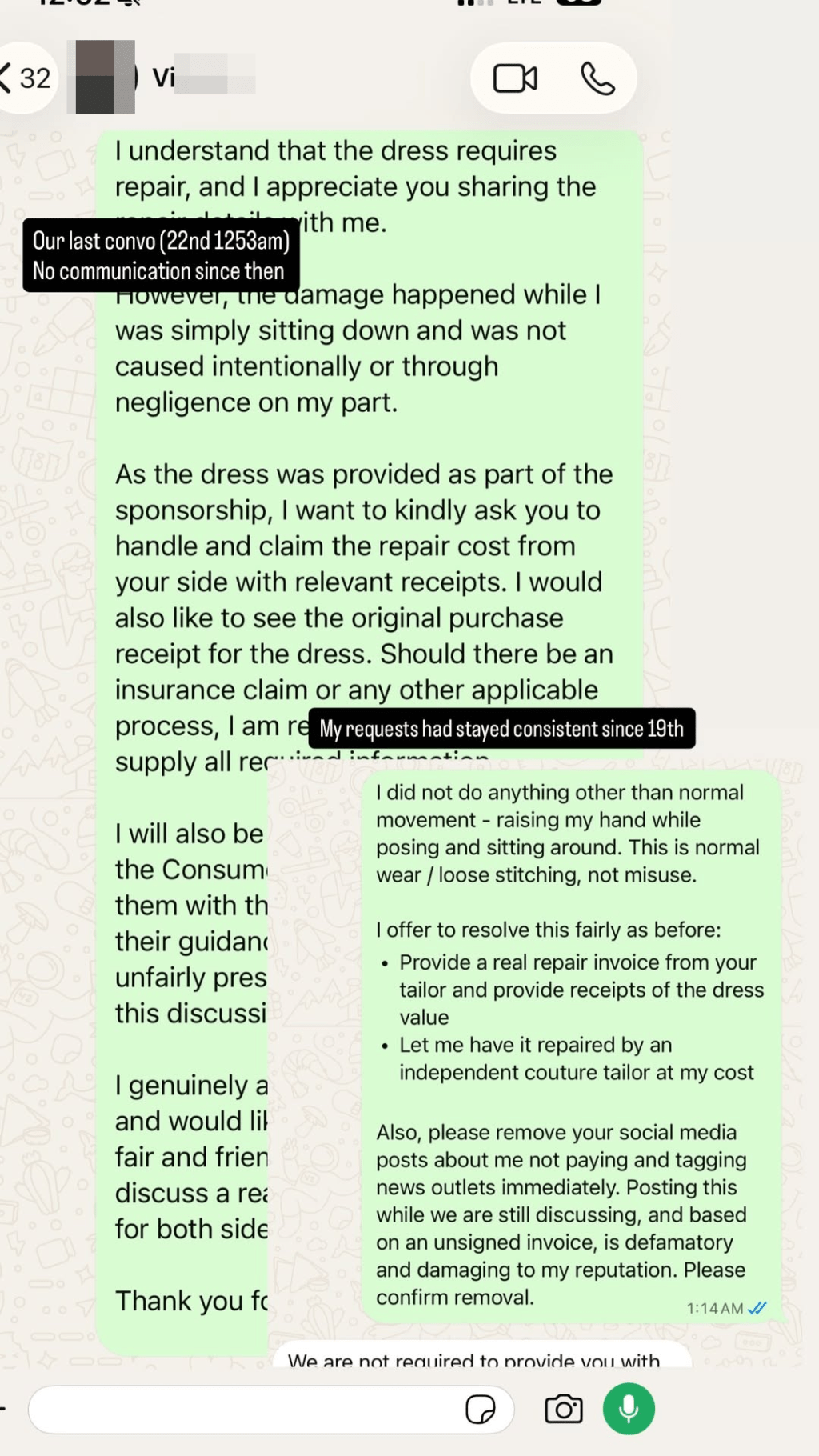 李詩逸於個人IG限動曬出長篇英文對話截圖,提出兩大和解方案並怒斥店方公審涉嫌誹謗。 李詩逸於個人IG限動曬出長篇英文對話截圖,提出兩大和解方案並怒斥店方公審涉嫌誹謗。