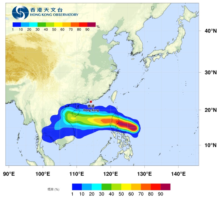 熱帶氣旋路徑概率預報。天文台截圖