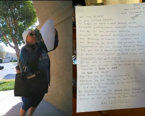 女子在多個住宅外張貼針對亞裔美國人的字條。網圖