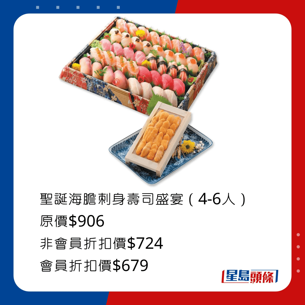 聖誕海膽刺身壽司盛宴，包括智利海膽刺身及聖誕極上壽司盛菊40件。 