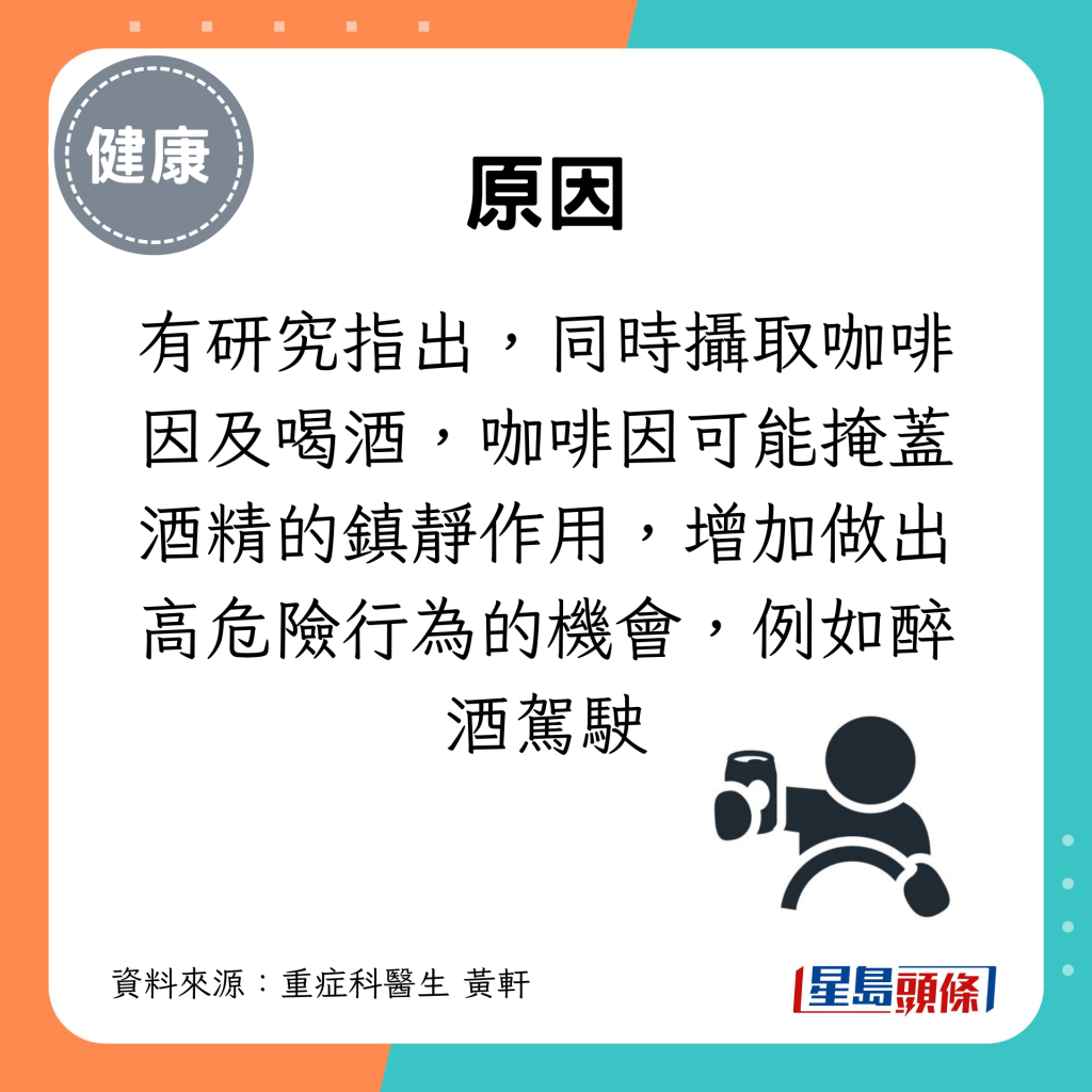 有研究指出，同时摄取咖啡因及喝酒，咖啡因可能掩盖酒精的镇静作用，增加做出高危险行为的机会，例如醉酒驾驶