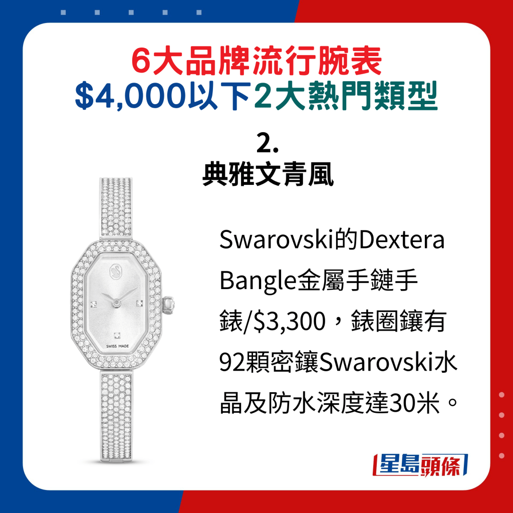 2. 典雅文青风：Swarovski的Dextera Bangle金属手链手表/$3,300，表圈镶有92颗密镶Swarovski水晶及防水深度达30米。