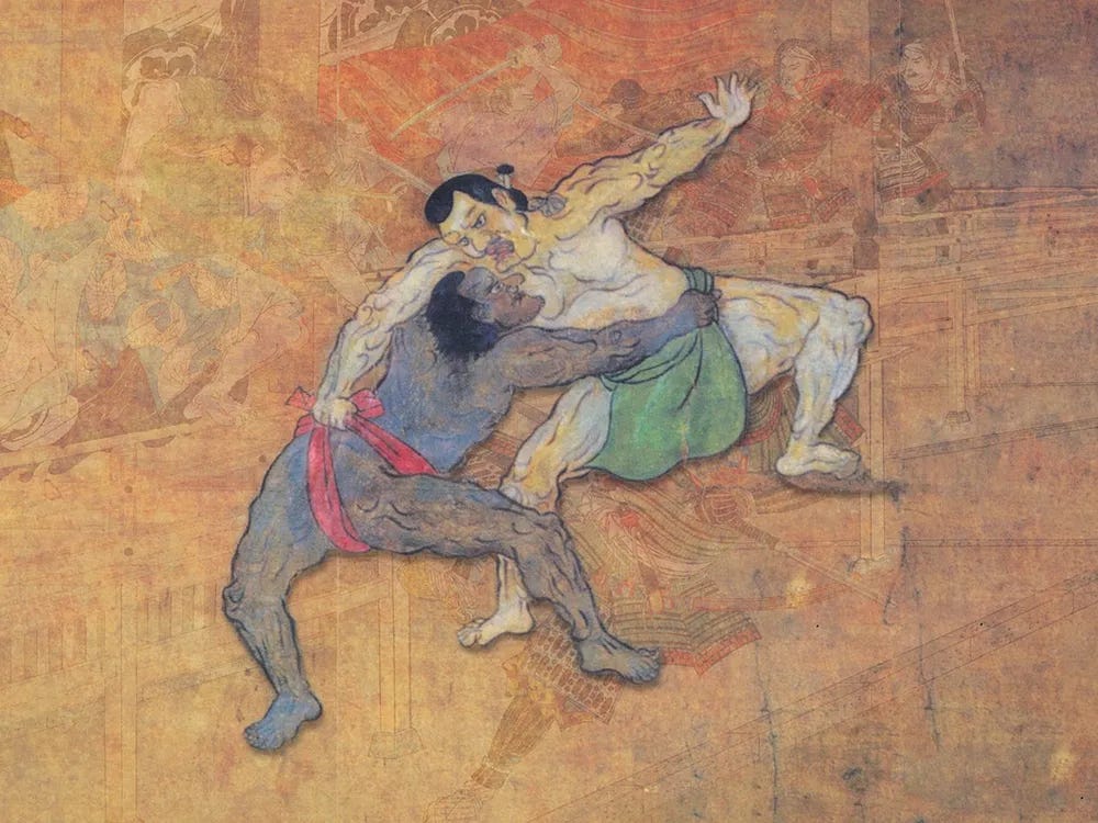 日本战国时代的画作中，一位与日本武士相扑的黑人。