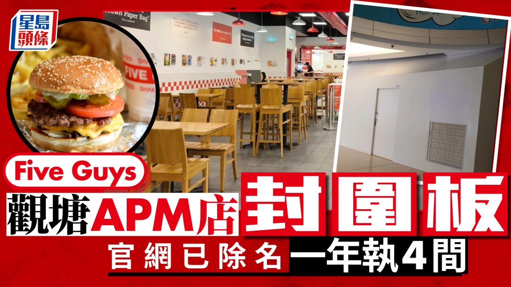 Five Guys｜觀塘APM店圍板疑結業 官網已除名 1年內連關四間 全港僅餘五分店