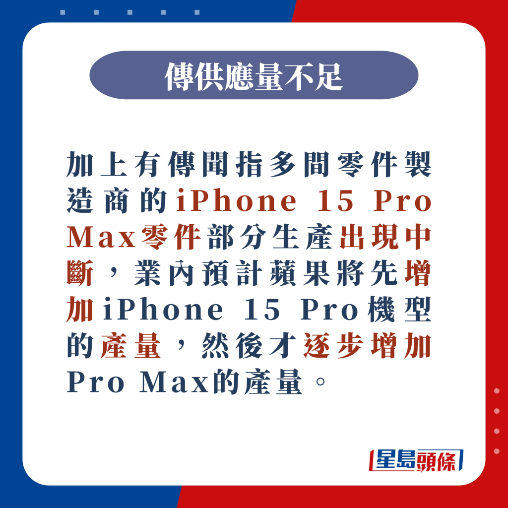 有傳聞指多間零件製造商的iPhone 15 Pro Max零件部分生產出現中斷