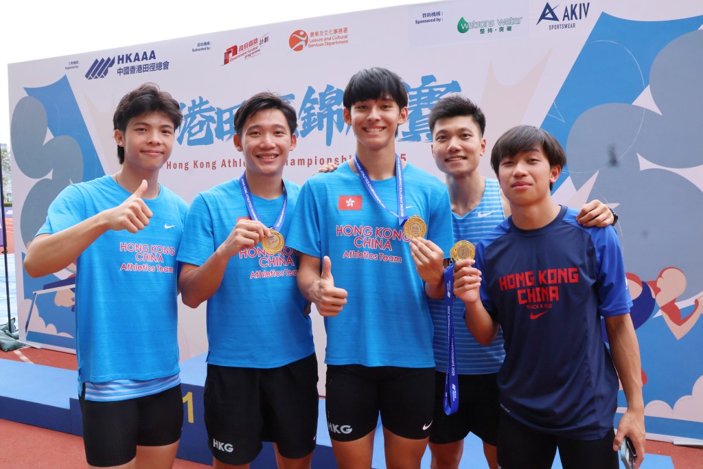 男子4x100米接力隊主要成員，右起陳一樂、李康傑、吳君浩、馬景揚、郭俊廷。徐嘉華攝