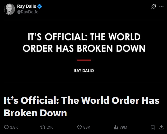 有「鱷王」之稱的橋水基金創辦人達里奧(Ray Dalio)早前更發出警告,世界已正式進入其「大周期」理論中的「第六階段」。 有「鱷王」之稱的橋水基金創辦人達里奧(Ray Dalio)早前更發出警告,世界已正式進入其「大周期」理論中的「第六階段」。