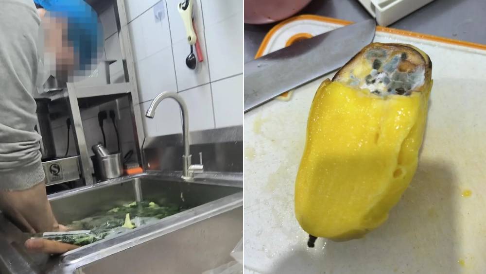 店員將煮熟的西蘭花泡在洗碗池中（左）；發霉芒果製作燕麥酸奶（右）。紅星新聞