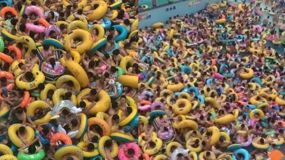 黑龍江水上樂園泳客逼爆人造浪池。