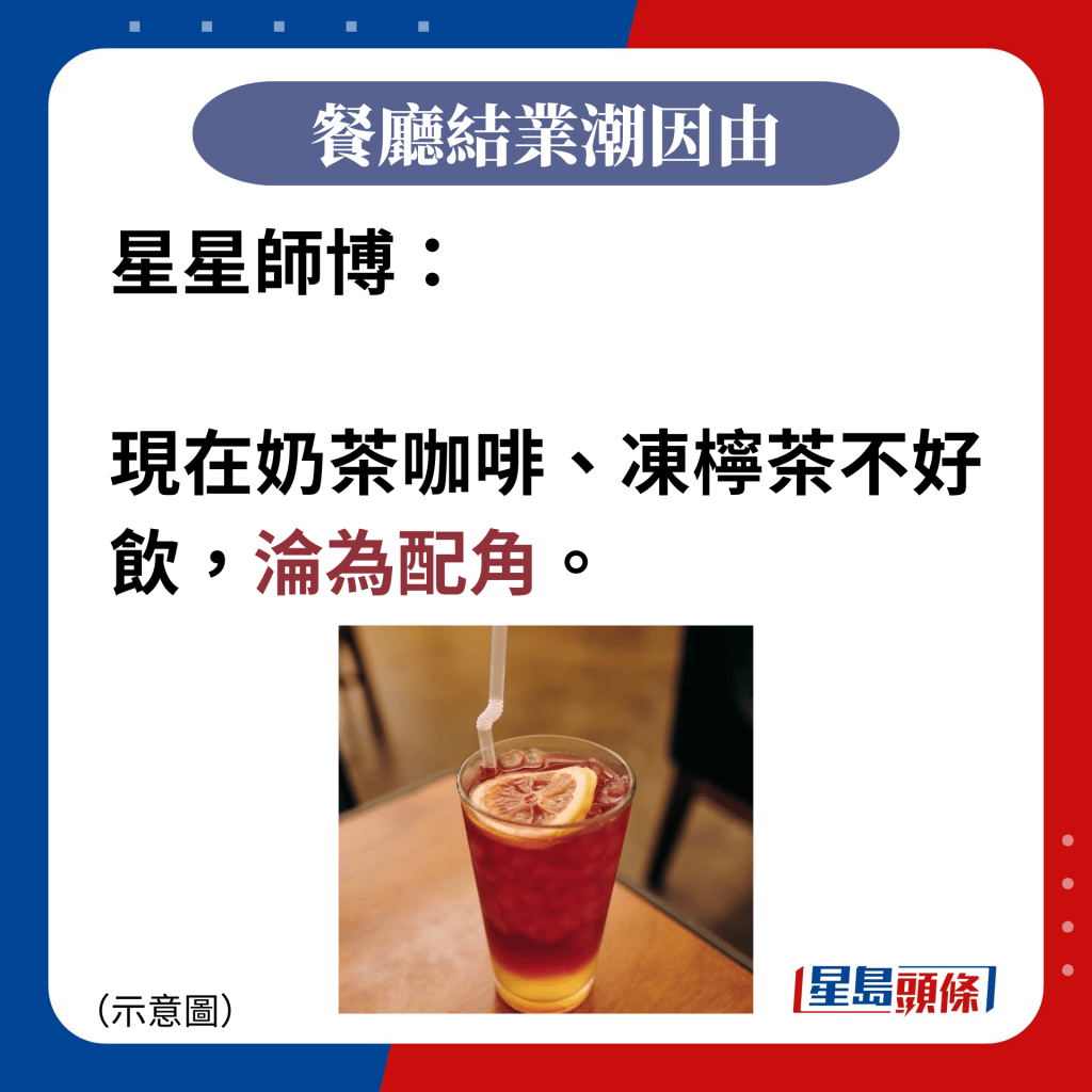 星星師博：  現在奶茶咖啡、凍檸茶不好飲，淪為配角。