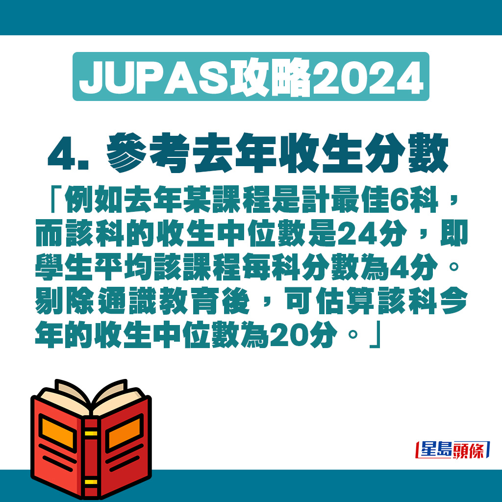 吳寶城表示：「例如去年某課程是計最佳6科，而該科的收生中位數是24分，即學生平均該課程每科分數為4分。」