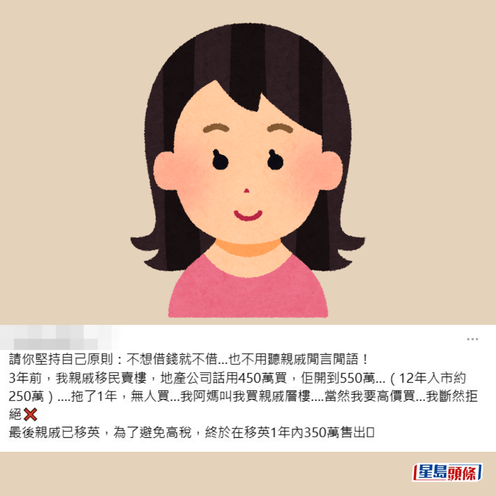 請你堅持自己原則:不想借錢就不借…也不用聽親戚閒言閒語! 3年前,我親戚移民賣樓,地產公司話用450萬買,佢開到550萬……(2012年入市約250萬)……拖了1年,無人買……我阿媽叫我買親戚層樓……當然我要高價買…我斷然拒絕。最後親戚已移英,為了避免高稅,終於在移英1年內350萬售出。Threads截圖 請你堅持自己原則:不想借錢就不借…也不用聽親戚閒言閒語! 3年前,我親戚移民賣樓,地產公司話用450萬買,佢開到550萬……(2012年入市約250萬)……拖了1年,無人買……我阿媽叫我買親戚層樓……當然我要高價買…我斷然拒絕。最後親戚已移英,為了避免高稅,終於在移英1年內350萬售出。Threads截圖