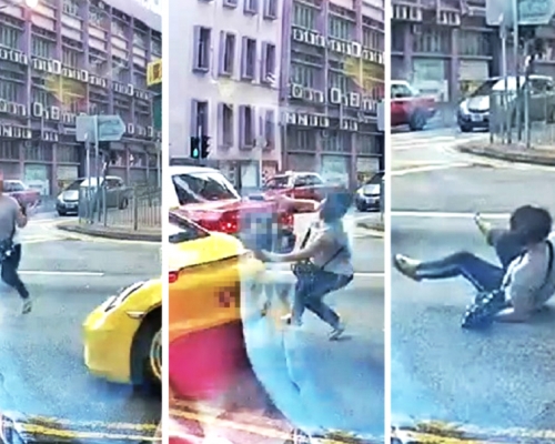 大媽車罅跑出仆地，私家車急煞險輾過。「小心駕駛（討論別人駕駛態度）」影片截圖