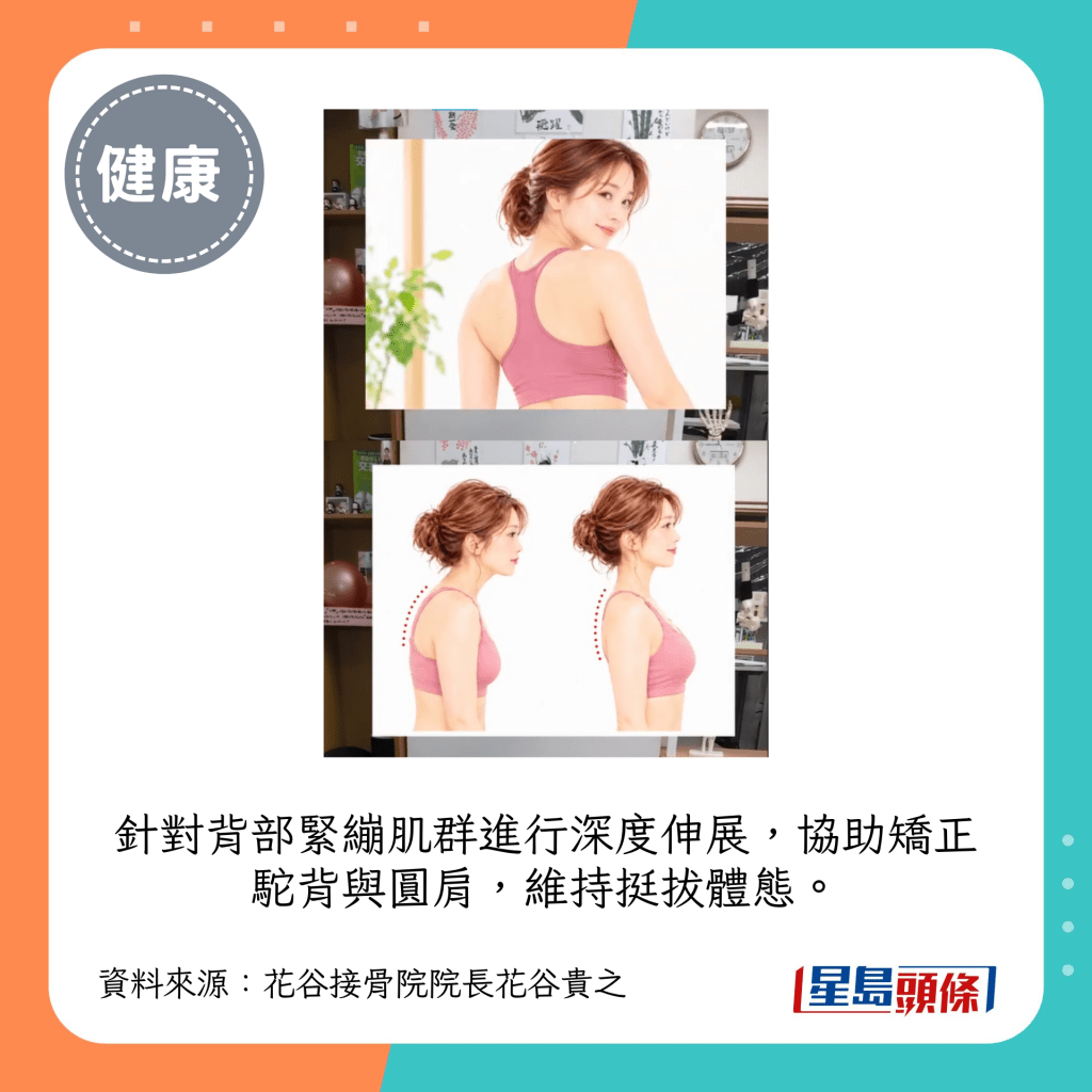 針對背部緊繃肌群進行深度伸展，協助矯正駝背與圓肩，維持挺拔體態。