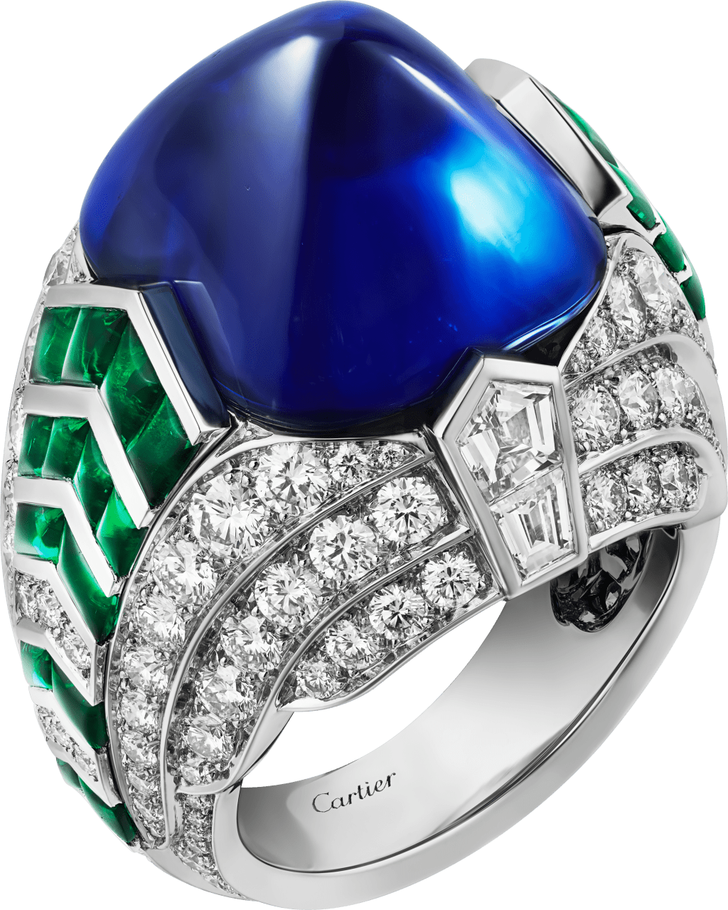 以孔雀为创作灵感的指环，选用铂金镶嵌一颗重21.44卡的凸圆形切割喀什米尔蓝宝石，配以凸圆形切割祖母绿、盾形切割钻石、尖梯形切割钻石、明亮式切割圆钻。