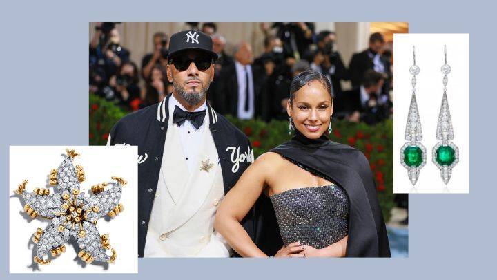 Alicia Keys佩戴Tiffany典藏系列铱铂金镶钻石及祖母绿耳环,而身旁的丈夫兼唱片制作人Swizz Beatz 则佩戴Tiffany & Co. Schlumberger®系列Sea Star胸针。