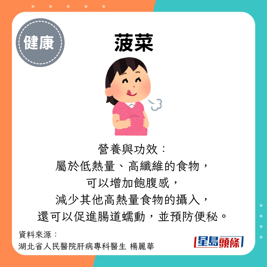 菠菜：營養與功效： 屬於低熱量、高纖維的食物， 可以增加飽腹感， 減少其他高熱量食物的攝入， 還可以促進腸道蠕動，並預防便秘。