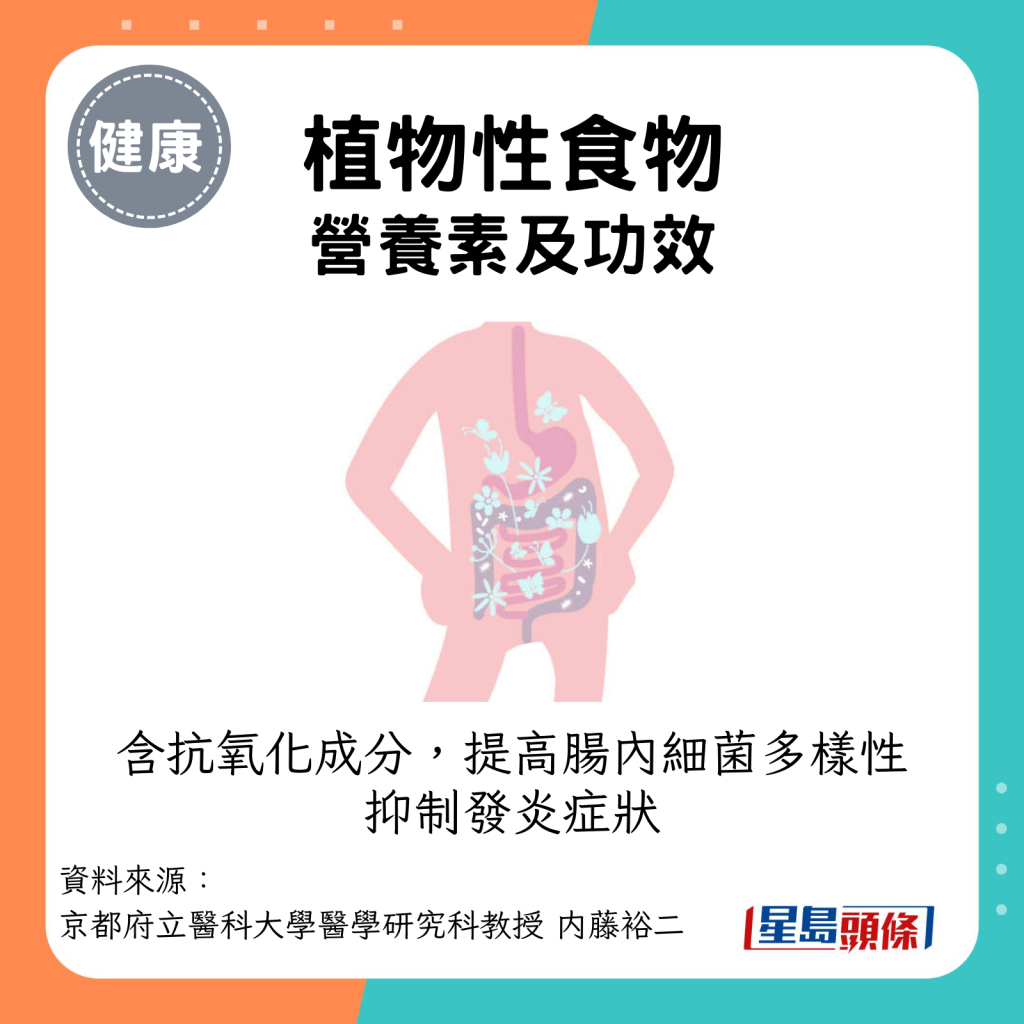 植物性食物：含抗氧化成分，提高腸內細菌多樣性，抑制發炎症狀。