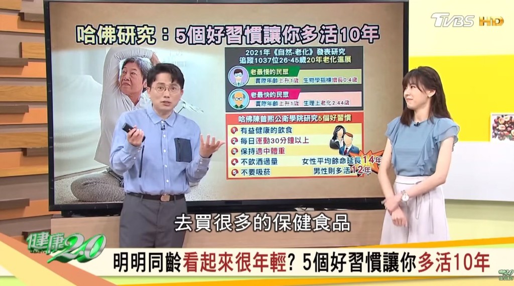 江坤俊（左）擔任《健康2.0》的節目主持人，廣受觀眾歡迎，也常受邀上其他電視節目，成為電視寵兒。